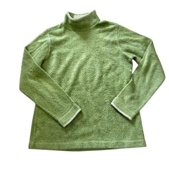 LL Bean Women’s Small Oversize Sherpa Pullover Fleece Mock Turtle Neck Green Top - Picture 2 of 4